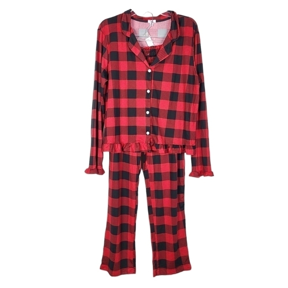 ROSIE HARLOW buffalo check plaid pajamas with ruffle dainty NWT Christmas - Picture 1 of 7